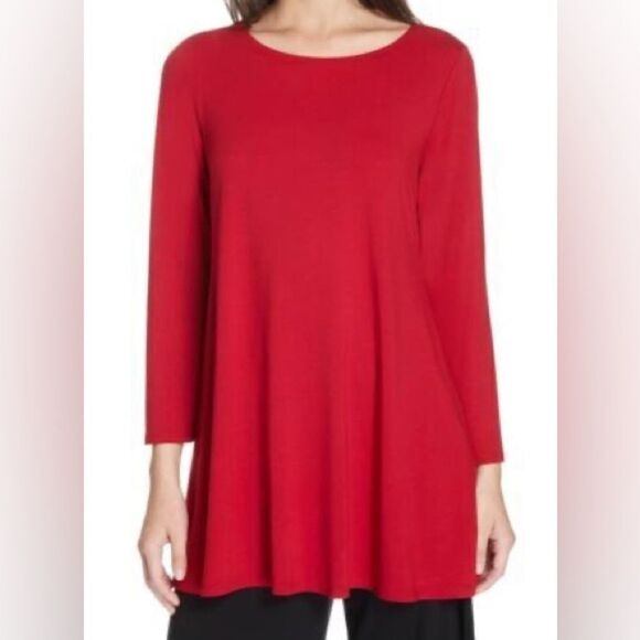 Eileen Fisher Tunic Top Sz M Petite Red Stretch Viscose Blend Stretchy Lagenlook - Picture 1 of 6